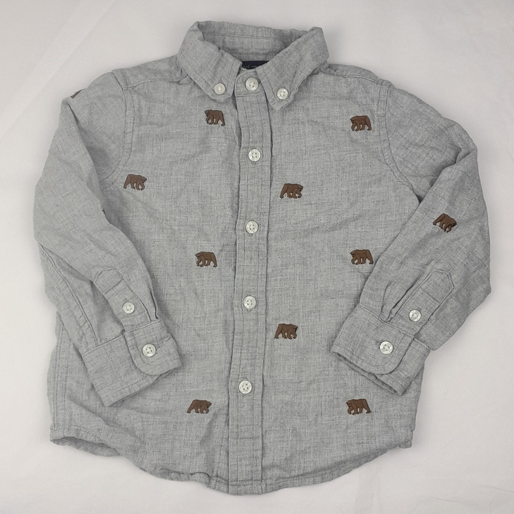 Janie & Jack Gray Long Sleeve Button Up Embroidered Bears Collared